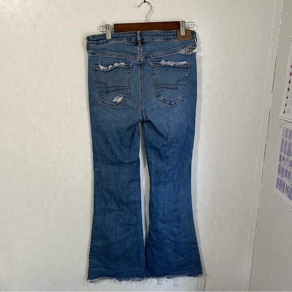 American Eagle Outfitters Super High Rise Blue Flare Distressed Jeans Stretch - Picture 2 of 8